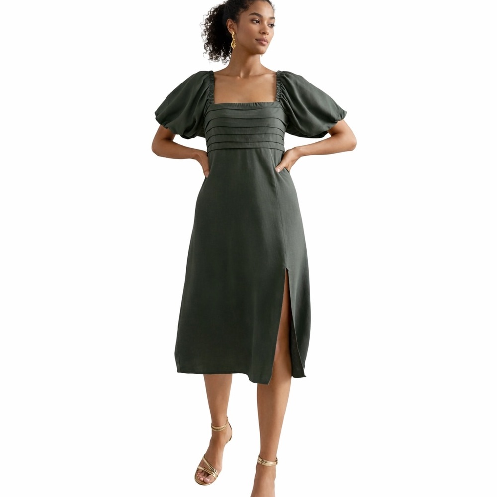 Mi Ami For Francesca’s Elegant Olive Green Puff Sleeve Midi Dress – Square Neck - Picture 3 of 15
